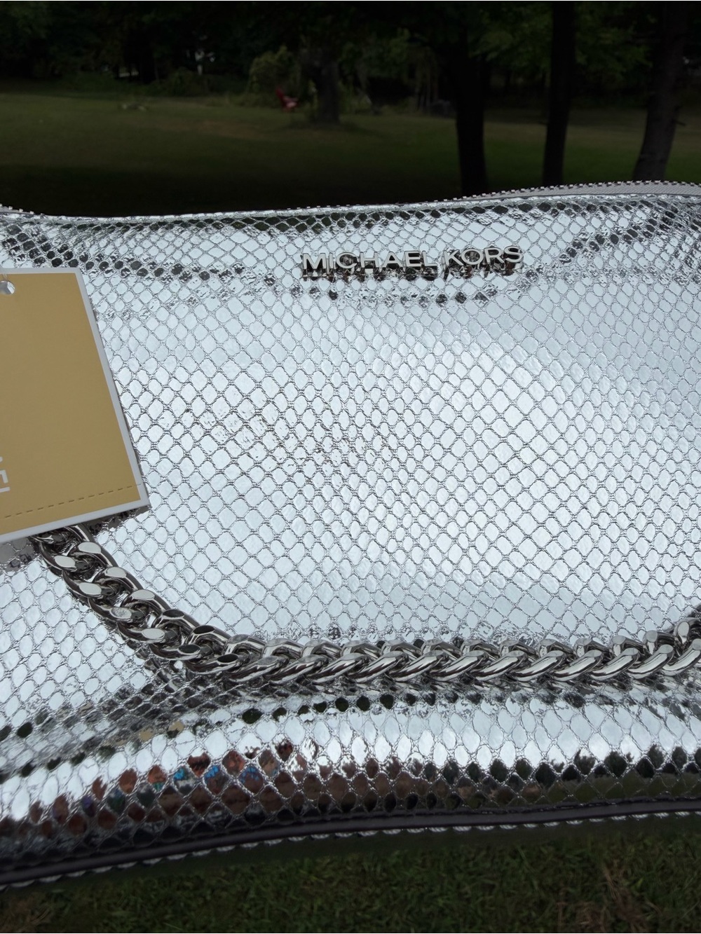 Michael Kors Jet Set Medium Pouchette Silver Metallic Snake Embossed NWT - Picture 6 of 10